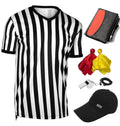 6 Pieces Mens Official Referee Costume Set Official Umpire Jersey Collar V-Neck Referee Shirt Referee Cards Hat Whistle with Lanyard Penalty Flag Referee Necessities for Basketball Football Soccer
