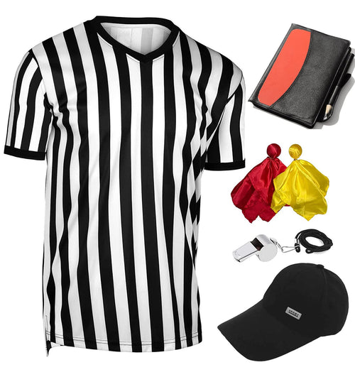 6 Pieces Mens Official Referee Costume Set Official Umpire Jersey Collar V-Neck Referee Shirt Referee Cards Hat Whistle with Lanyard Penalty Flag Referee Necessities for Basketball Football Soccer